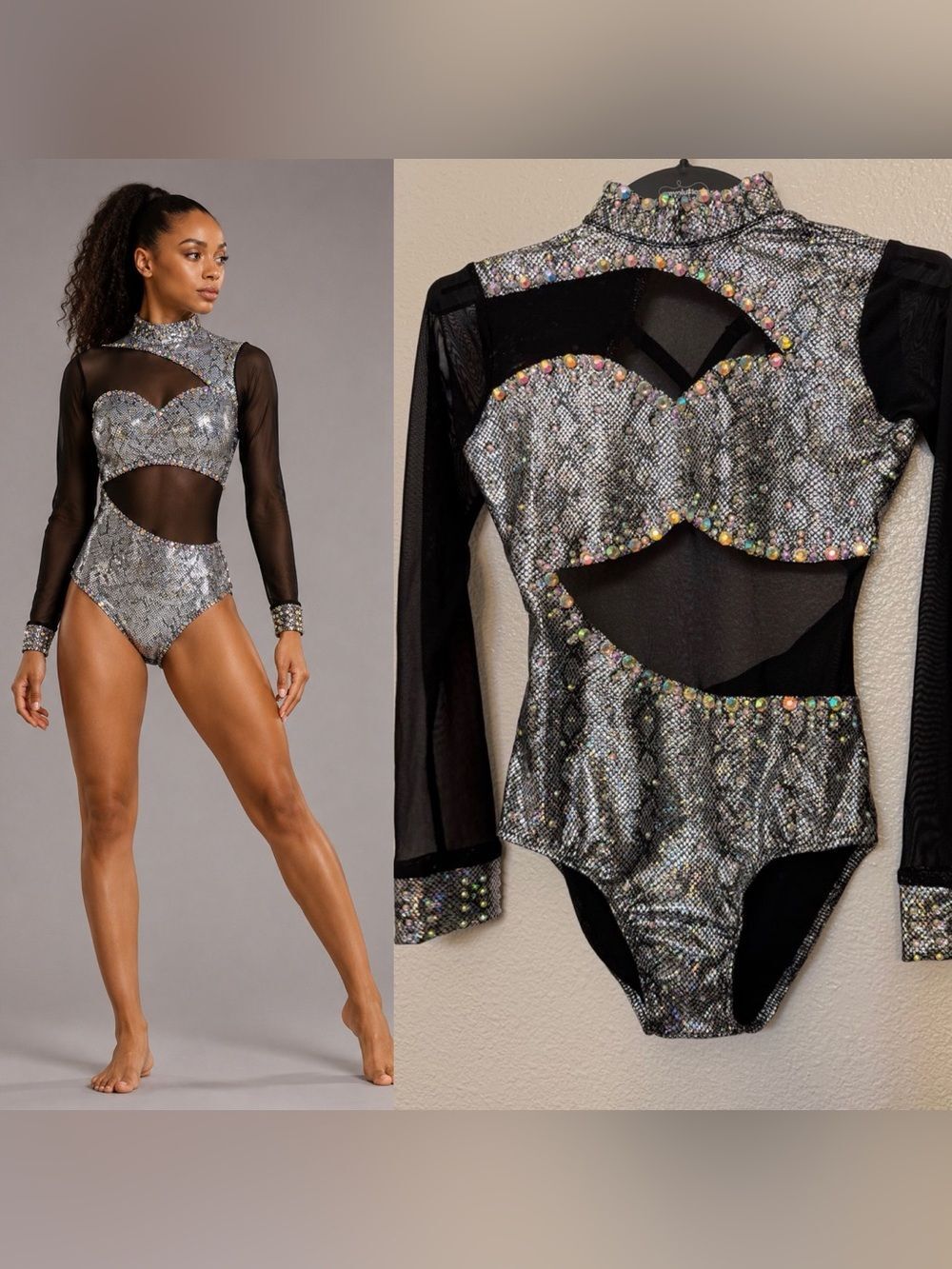 Glamour Silver Snakeskin Contemporary Dance Costume long Sleeve Rhinestone LC